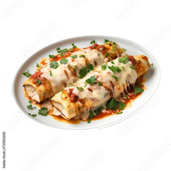 Fototapeta a white platter is layered with two chicken enchilladas.