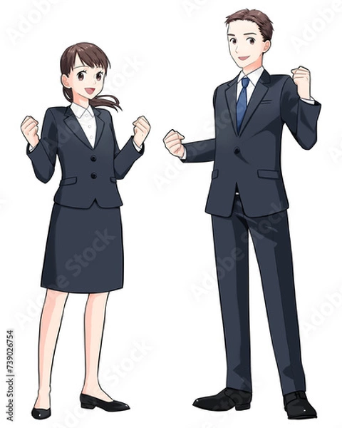 Fototapeta ガッツポーズするスーツ姿の若い男女