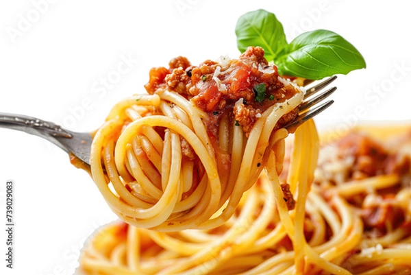 Fototapeta Spaghetti with Tomato Sauce on a Fork, Isolated on a Transparent Background, Fresh Organic Delicious Food and Culinary Object