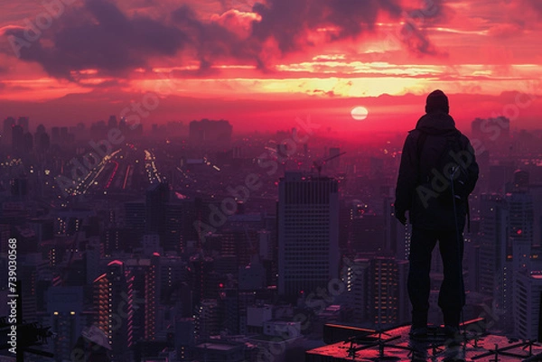 Fototapeta Silhouette of engineer inspecting construction building in the evening at sunset. AI Generated