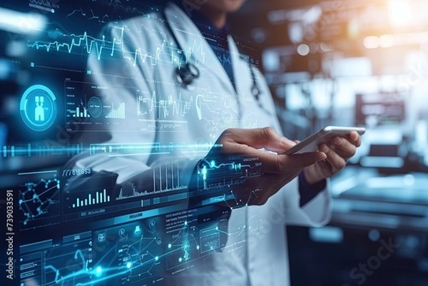 Obraz Smart Medical Doctor Working with Modern Computer Interface, Future Digital Engineering Healthcare Equipment Concept