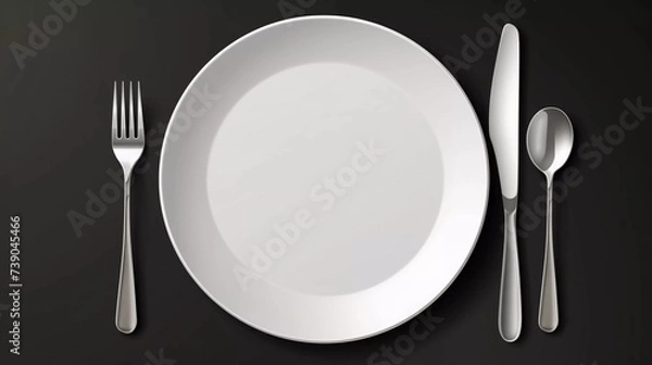 Fototapeta Empty realistic plate with cutlery, fork, knife restaurant desigen
