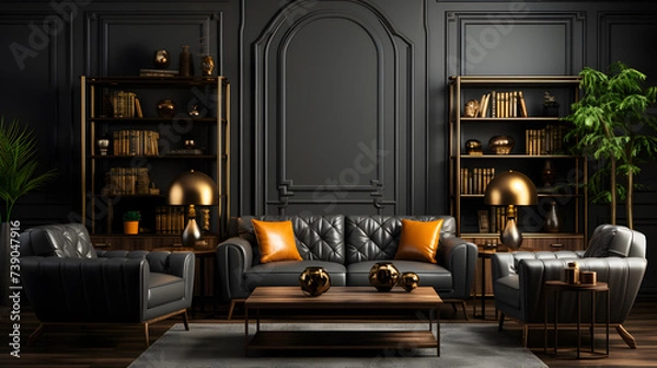 Fototapeta Living room in gray and black colors. blank empty dark room interior. Design in minimalist style. Graphite sofa and herringbone beige accent.