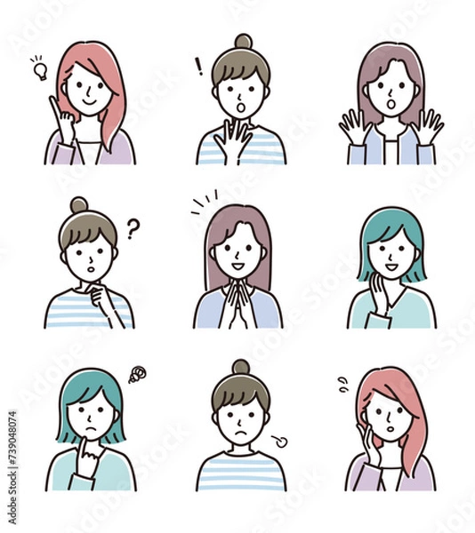 Obraz いろいろな表情の女性のベクターイラスト