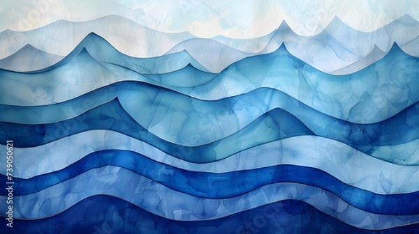 Fototapeta Abstract art navy blue background. Watercolor painting on textured canvas has a water wave pattern with elements of wavy lines and gradients.