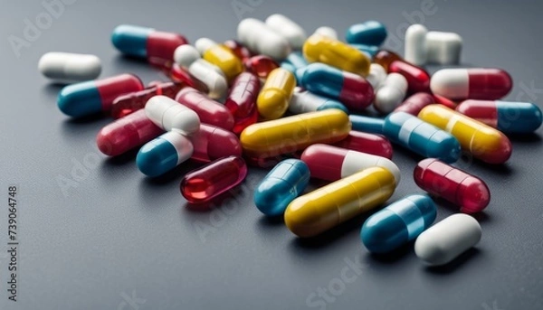 Fototapeta  Vibrant assortment of colorful pills on a dark surface