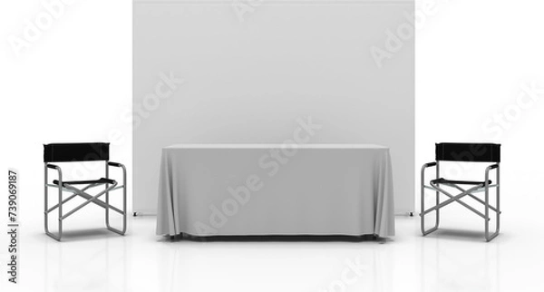 Fototapeta Exhibition Media Wall Display Stand with Trestle Tablecloth and Directors Chairs, 3D render for mockup and illustrations with transparent background.