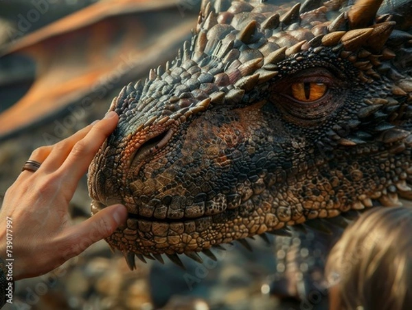 Fototapeta Close up of a dragon trainers hand gently touching the snout of a dragon a moment of trust and connection