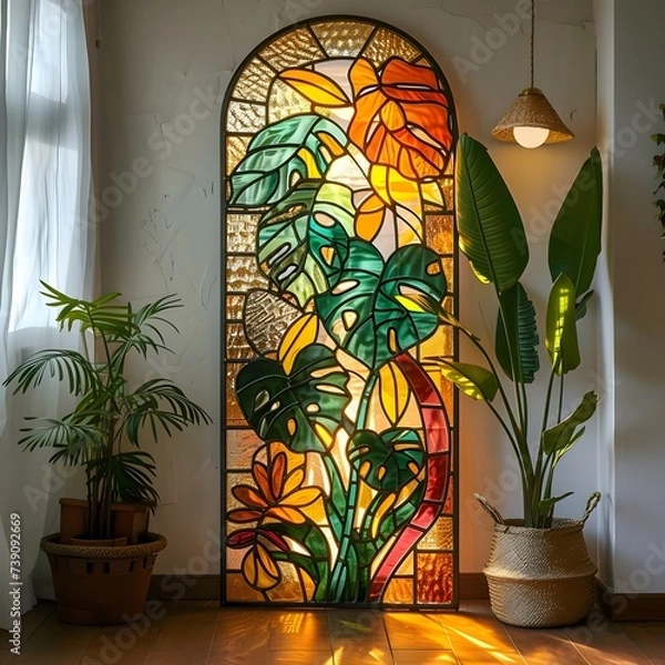 Fototapeta Nature's Canvas: Stained Glass Pattern of a Plant on a Large Window, Showcasing Intricate Botanical Art and Vibrant Colors