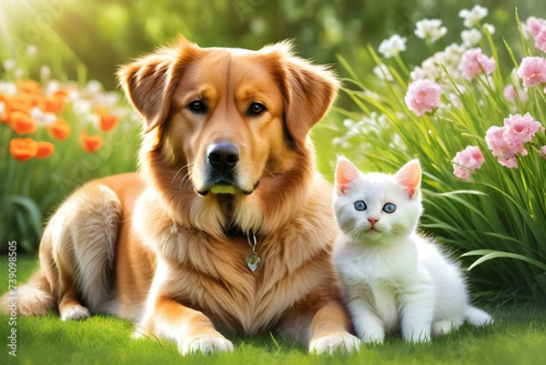 Fototapeta A large dog and kitten. Generative AI