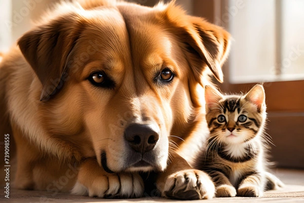 Fototapeta A large dog and kitten. Generative AI