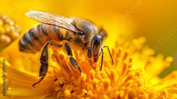 Fototapeta Delve into the intricate world of pollination with a close-up macro shot of a bee and yellow flower pollen. Ai Generated