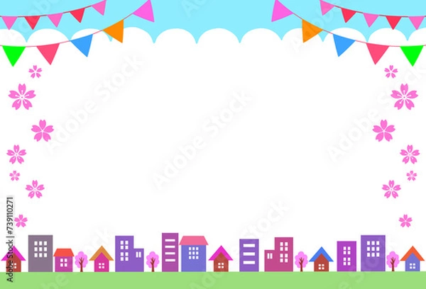 Obraz 春の街並み　イベントフレーム　背景素材　飾り枠　桜　ガーランド　新生活　フェスティバル　住宅展示場　展示会　住まい　町並み　青空　おしゃれ　ポップ　白背景　白バック　透過