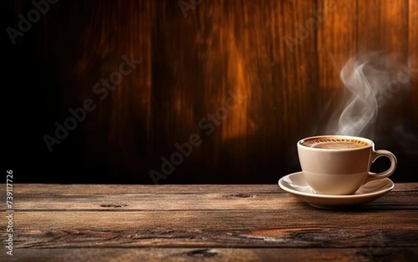 Fototapeta Cup of coffee on wooden table web banner size. Brown blurred background. Relaxed pace time. Good morning concept. AI Generative.