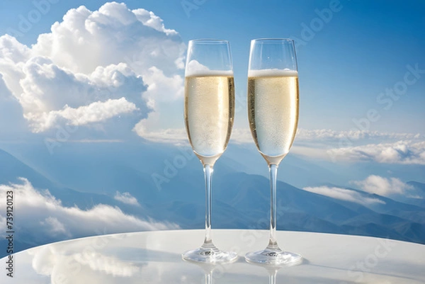 Fototapeta Two champagne glasses poised delicately against a backdrop of wispy clouds, casting subtle reflections that suggest a sunlit sky, champagne effervescence captured mid-ascent. Generative AI