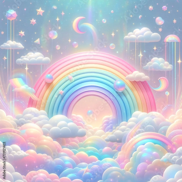 Obraz Rainbow unicorn background. Pastel glitter pink fantasy galaxy. Magic mermaid sky with bokeh. Holographic kawaii abstract space with stars and sparkles. Vector