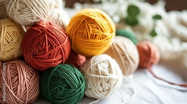 Obraz Knitting. Balls of cotton and wool yarn in warm tones on a white table. Boho, bed tones, orange, pink, turquoise, hobby