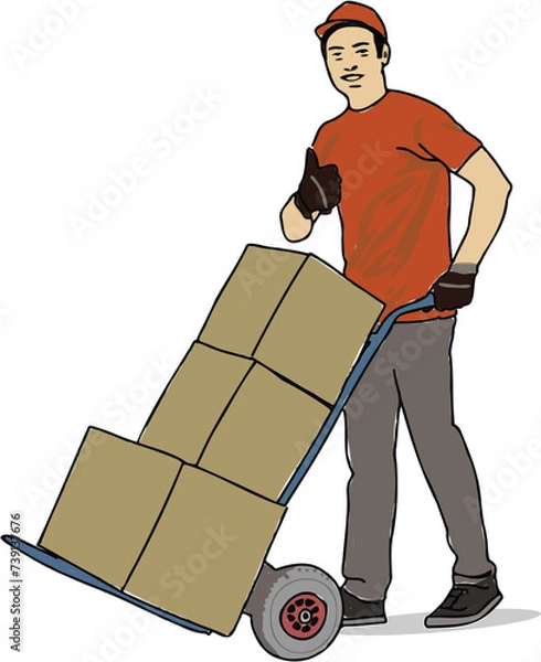 Obraz Happy young delivery man with stacking parcel box. Working with happy attitude. 