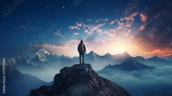 Fototapeta Victory moment a man standing on the top mountain and looking forward to far away