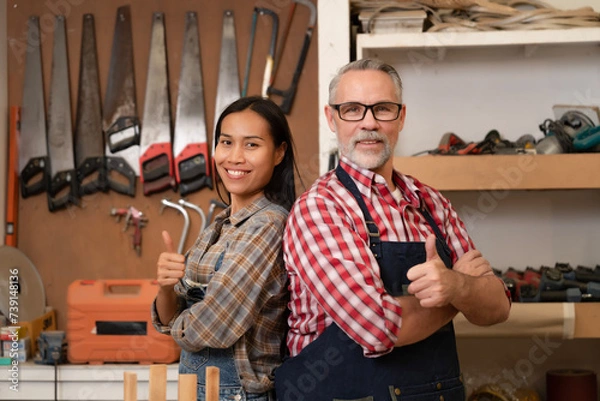 Fototapeta Professional elderly carpenter man feeling happiness and standing with a creative assistant who creates furniture design for wooden handmade with smiling faces at a carpentry workshop. Timber