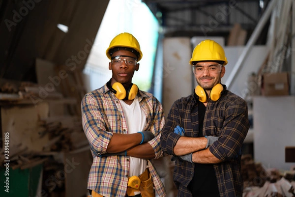 Fototapeta Smart multi-ethnic carpenter worker team working at carpentry shop, professional timber with safety helmet, earmuffs, and goggles. Coworker, partner, woodmaker, crafts designer, creative craftsmaker