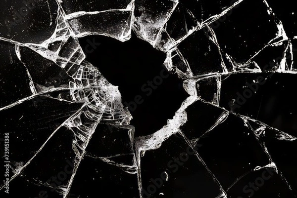 Fototapeta Black and white portrait of broken glass with cracks and an empty center area, broken glass texture, design material, and empty space.  Created with Generative AI.