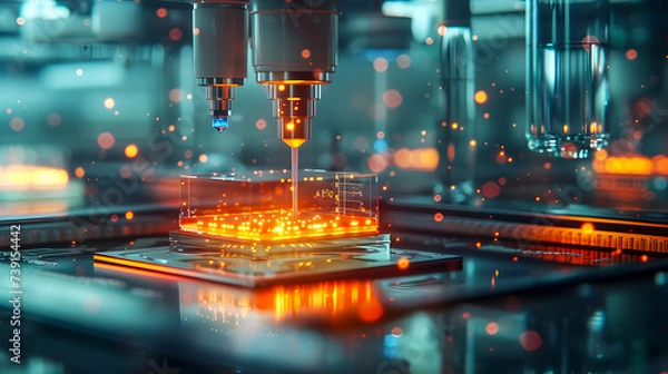 Fototapeta High-tech machinery creating semiconductor with glowing orange light in a cleanroom environment.