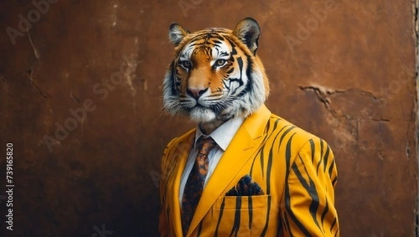 Obraz animal friendly tiger concept Anthropomorphic wearing suit formal business suit portrait shot on plain on bright color wall