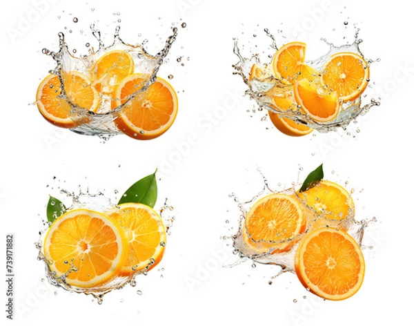 Fototapeta Orange slices with splash icon set, 3D render style, isolated on white or transparent background.