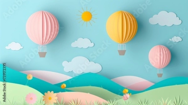 Fototapeta Sunny Day with Hot Air Balloons in Paper Art Style