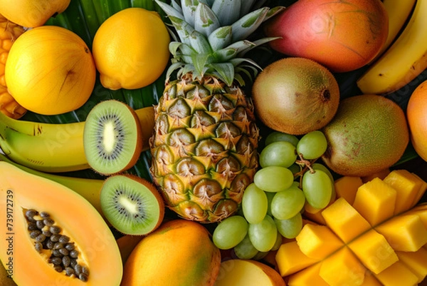 Fototapeta Fresh tropical fruits on the on a dark background 