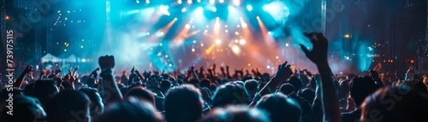 Obraz Atmosfera festiwalu muzycznego, scena plenerowa i tłum cieszący się nocą