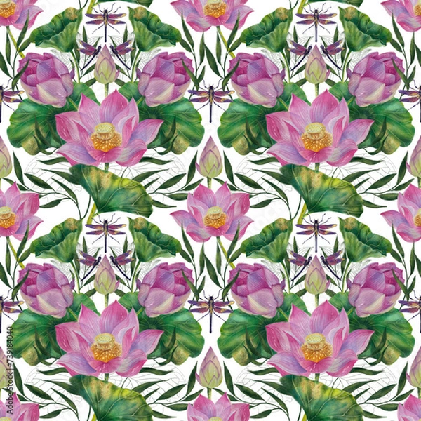 Obraz Бесшовный узор с акварелью розового лотоса и стрекозы. Ручная иллюстрация. Модный гламурный дизайн. Подходит для обоев, ткани, печати на тканях