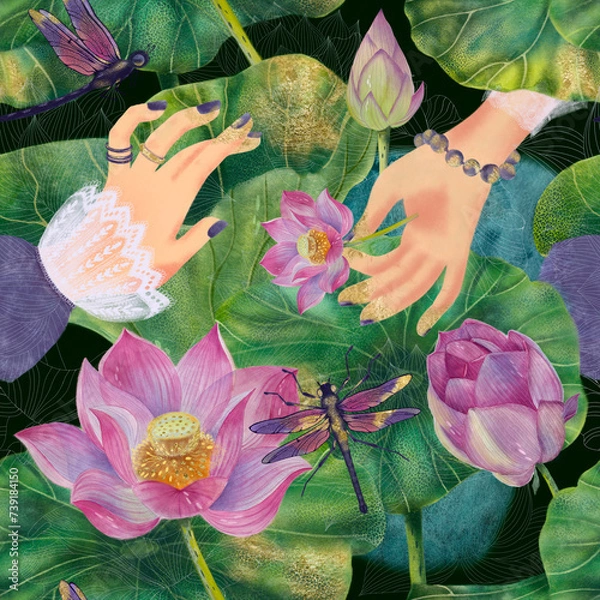 Obraz Бесшовный узор с акварелью розового лотоса и стрекозы. Ручная иллюстрация. Модный гламурный дизайн. Подходит для обоев, ткани, печати на тканях