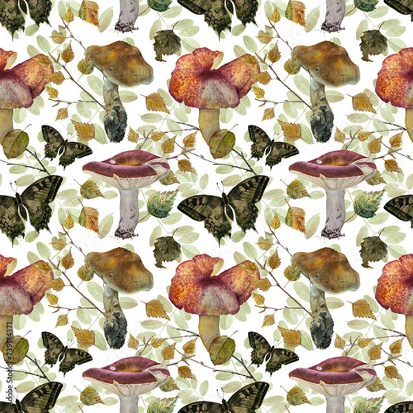 Obraz бесшовный узор с нарисованными вручную акварельными грибами