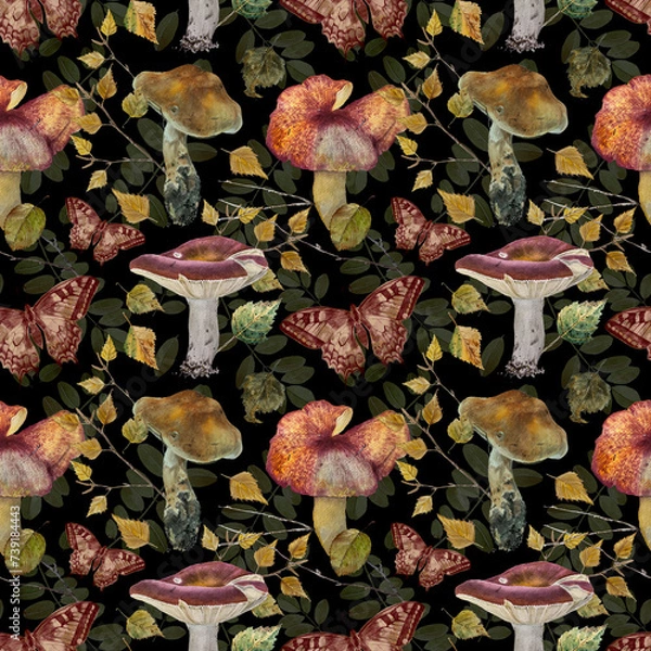 Obraz бесшовный узор с нарисованными вручную акварельными грибами