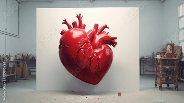Fototapeta A red three-dimensional heart on a white background, on a white wall. A place for the text. a three-dimensional heart. In a minimalistic modern bright interior.