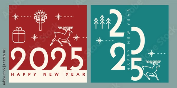 Fototapeta Happy New 2025 Year card template set with deer and gifts. Minimal text template