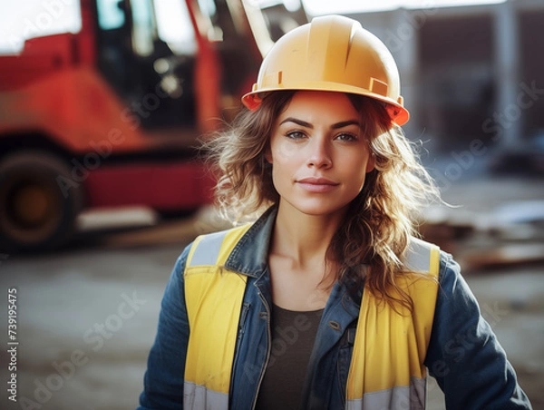 Fototapeta A skilled female engineer confidently stands on a construction site, wearing a hard hat for safety. A competent female engineer at a construction site. Generative AI.