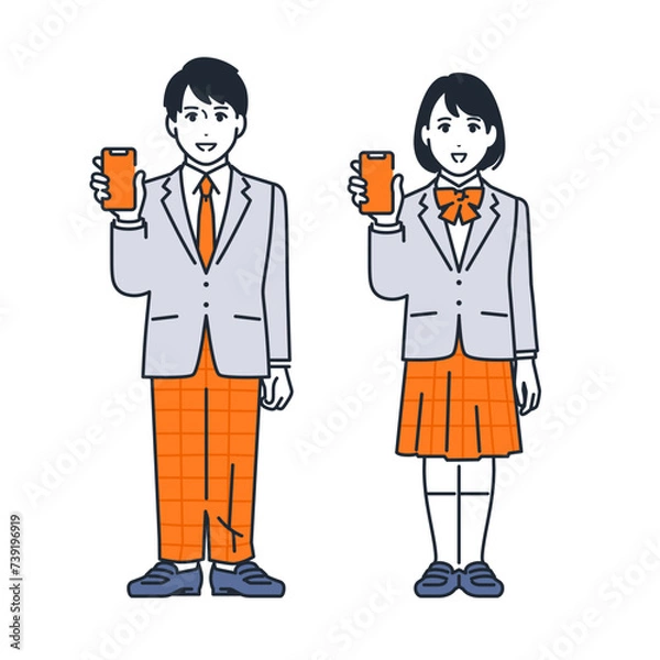 Fototapeta スマートフォンの画面を見せる学生のシンプルなベクターイラストセット素材