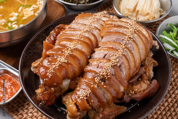 Obraz Cold salad, jokbal, pork, direct fire, mini, bossam, boiled pork, garlic, tray noodles,