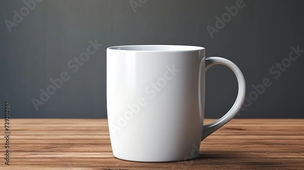 Fototapeta A mockup of a white coffee mug, White coffee to go cup on wooden table, mockup, Template with porcelain cup of tea for design of branding identity. Easy to change colour. Isolated from the background