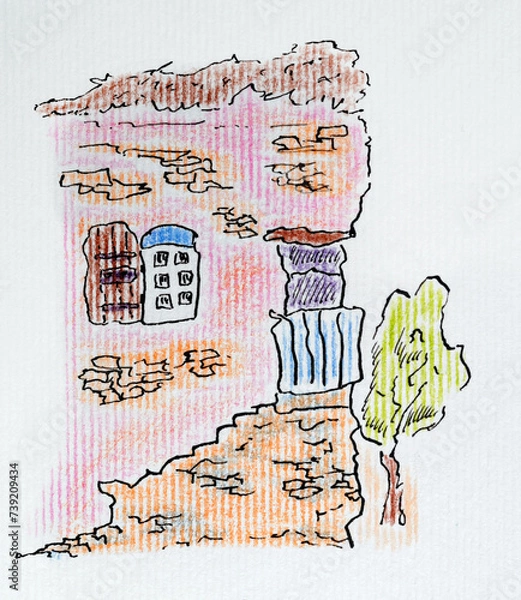 Fototapeta House sketch created with black ink and pencils. Color illustration on watercolor paper