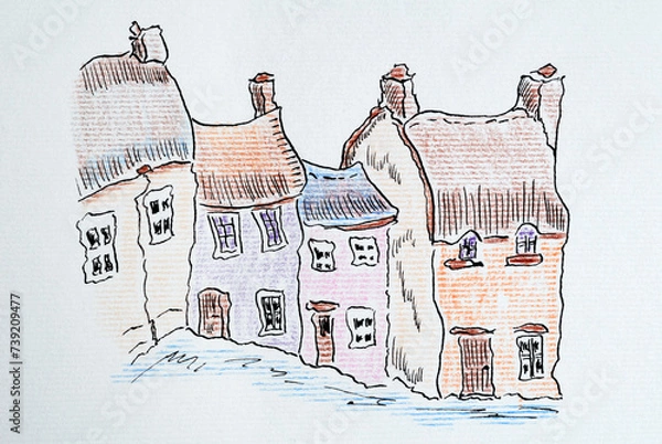 Fototapeta House sketch created with black ink and pencils. Color illustration on watercolor paper