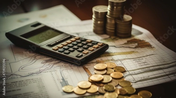 Obraz Financial report diagram calculating using calculator, with gold coins and file paper.