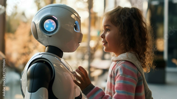 Fototapeta Humanoid robot interacting with a child. Generative Ai.