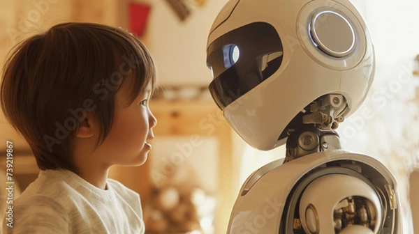 Fototapeta Humanoid robot interacting with a child. Generative Ai.