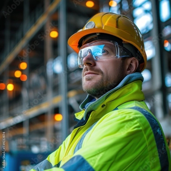 Obraz male occupational health and safety officer inside factory doing inspection