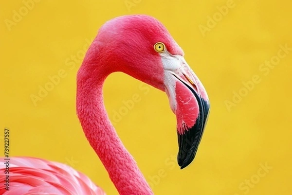 Fototapeta Close-Up of Flamingo Isolated on Yellow - Vibrant Avian Beauty, Isolated Aesthetics, Capturing Nature's Grace in a Radiant and Serene Display