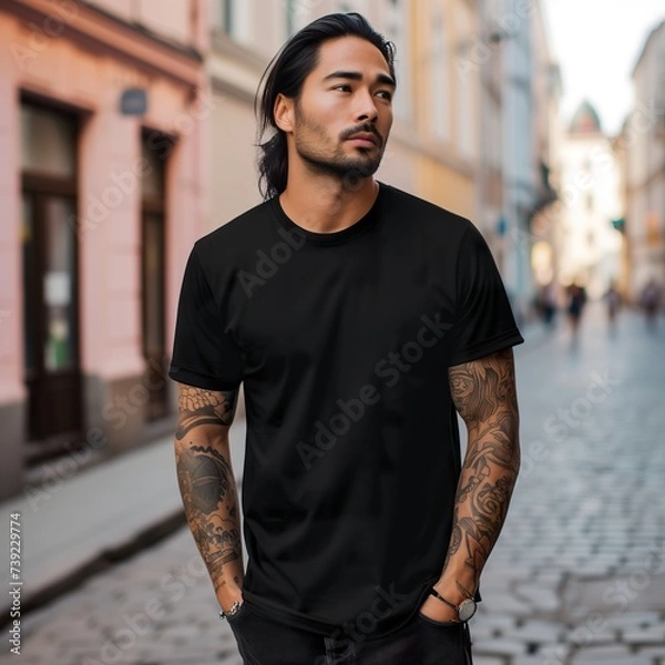 Obraz A young man with tattoos and a plain black t-shirt on the street. Perfect for design and logo mockup